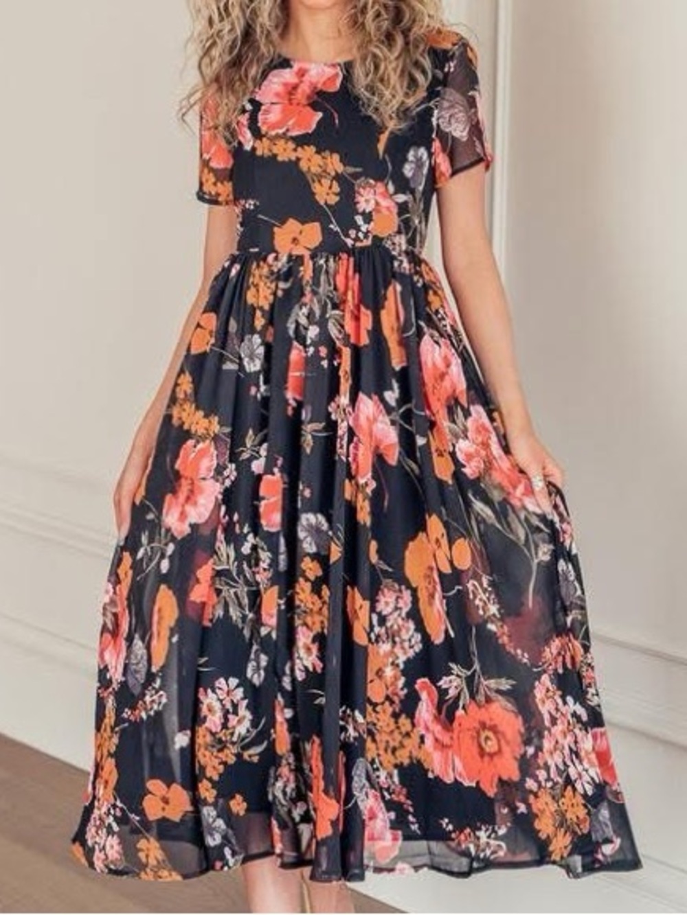 JessaKae Black Maxi Dress with Coral & Orange Floral Print